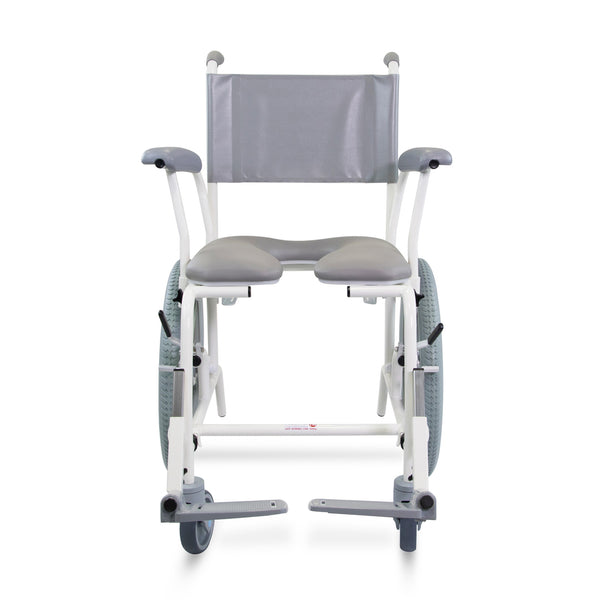 Prism Medical Freeway T60 Self-Propel Shower Chair with armrests and large side wheels, front view.
