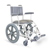 Prism Medical Freeway T60 Self-Propel Shower Chair with large rear wheels, padded seat, armrests and footrests, front view.
