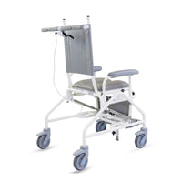 Prism Medical Freeway T80 paediatric reclining shower chair with wheels, armrests and handlebar, side view.