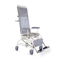 Prism Medical Freeway T80 Reclining Shower Chair with wheels, armrests and footrests, flame-retardant material, front view.