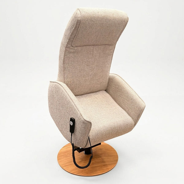 Modern Motion Fitzroy riser recliner swivel chair with high back, wooden base, left-arm remote on plain background, front view.