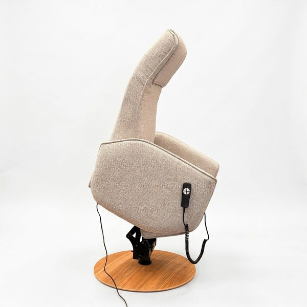 Modern Motion Fitzroy riser recliner swivel chair with wooden base, remote and powered mobility on white background, front view.