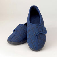 Two Homecraft Gents Washable Slippers, one upright and one sideways, both with black soles on a plain light background, side angle.