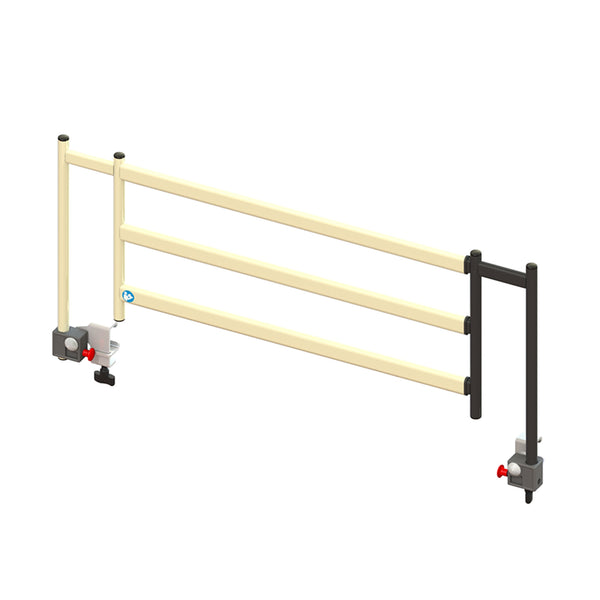 Sidhil Grange adjustable side rails with black supports and clamps for metal frame beds, shown fitted to bed frame, side view.