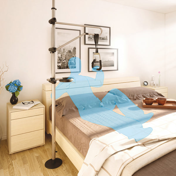 GRIPO Bed Hoist positioned by a bed with a silhouette showing how the aid assists users, side view.