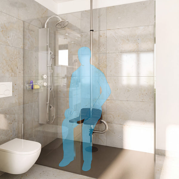 GRIPO Collapsible Seat with support pole, designed for independent use, shown in silhouette with person using the seat, side view.