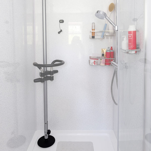 Accessible shower featuring GRIPO Support Pole, wall shelf for toiletries and handheld showerhead, front view.
