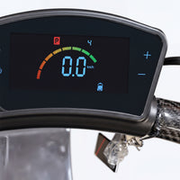 Urathon Halo Flat-Folding Scooter dashboard with speed display, battery icon, and parking indicator, close-up.