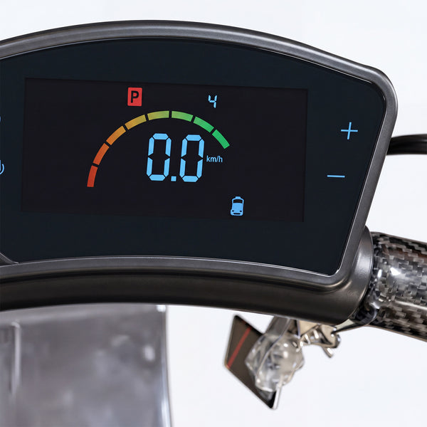 Urathon Halo Flat-Folding Scooter dashboard with speed display, battery icon, and parking indicator, close-up.