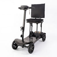Urathon Halo Flat-Folding four-wheel mobility scooter with cushioned seat, backrest and handlebars, side view.