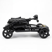 Urathon Halo Flat-Folding Scooter folded flat with four wheels and handlebar, white background, side view.