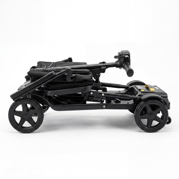 Urathon Halo Flat-Folding Scooter folded flat with four wheels and handlebar, white background, side view.