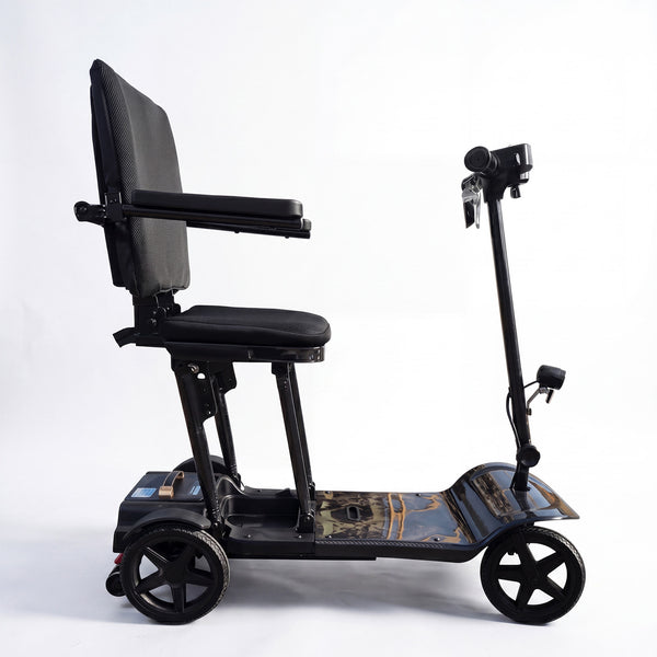 Urathon Halo flat-folding 3-wheel scooter with seat and armrests, lightweight and portable, side view.