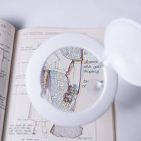 Daylight Company Halo Go 2 Magnifying Lamp used to view a vintage dress illustration in an open book, in use.