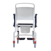 Rebotec Hamburg Mobile Commode Chair with dark armrests, red brake handles, padded seat and removable bucket, rear view.