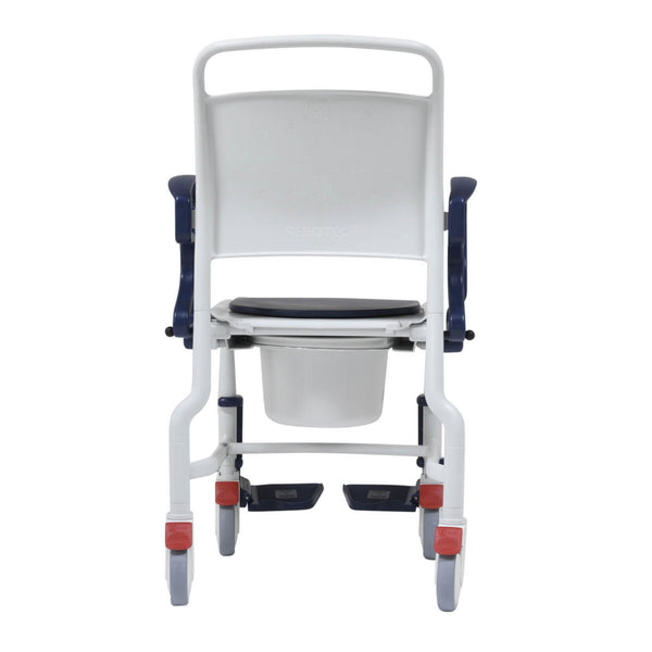 Rebotec Hamburg Mobile Commode Chair with dark armrests, red brake handles, padded seat and removable bucket, rear view.