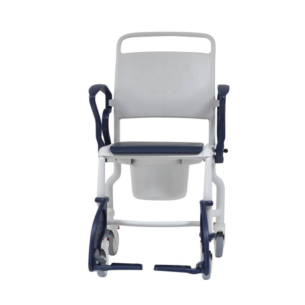 White and blue padded mobile commode chair with armrests and removable bucket, front view.