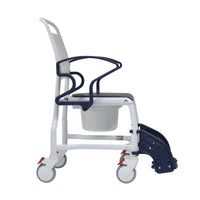 Rebotec Hamburg Mobile Commode Chair with padded seat, armrests, adjustable footrests and removable bucket, side view.
