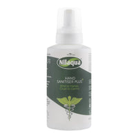Nilaqua Hand Sanitiser with white spray cap, label showing winged medical symbol, alcohol-free, gentle on skin, front view.