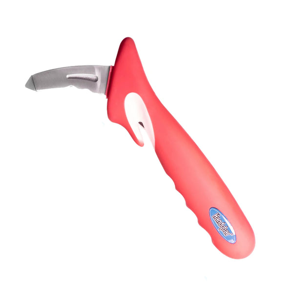 Stander Handybar car transfer handle with curved stainless steel blade and ergonomic grip, close-up view.
