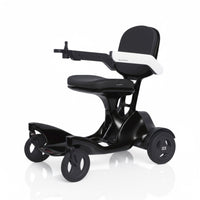 Urathon Hero Carbon Fibre Powerchair with 3 wheels, armrests and contoured seat on a white background, front view.