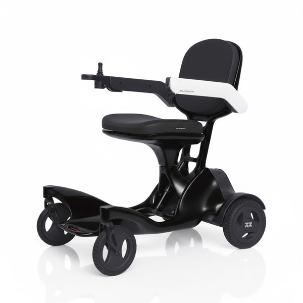 Urathon Hero Carbon Fibre Powerchair with 3 wheels, armrests and contoured seat on a white background, front view.