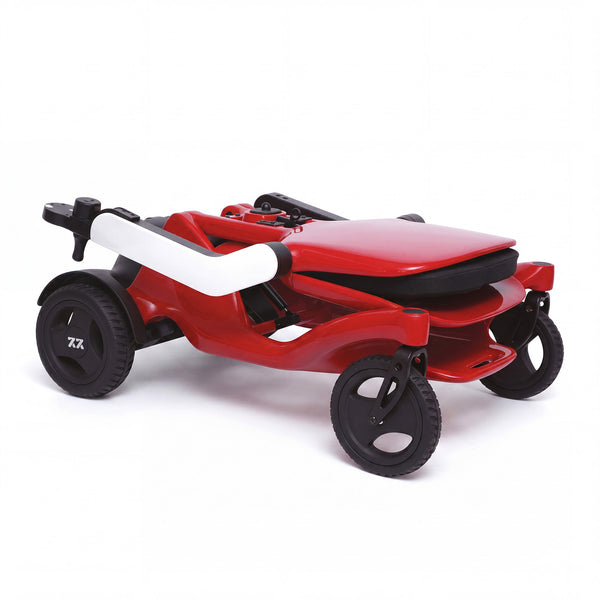 Urathon Hero Carbon Fibre Powerchair, foldable three-wheel design, shown folded, side view.