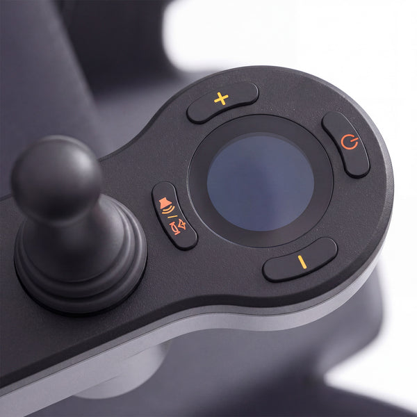 Urathon Hero Carbon Fibre Powerchair control panel with joystick, screen and orange power buttons, close-up.