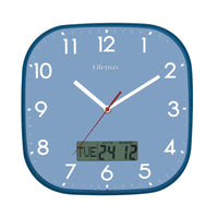 Lifemax High Contrast Day-Date Wall Clock with white numbers, hands, and digital 24/12 day-date display, front view.