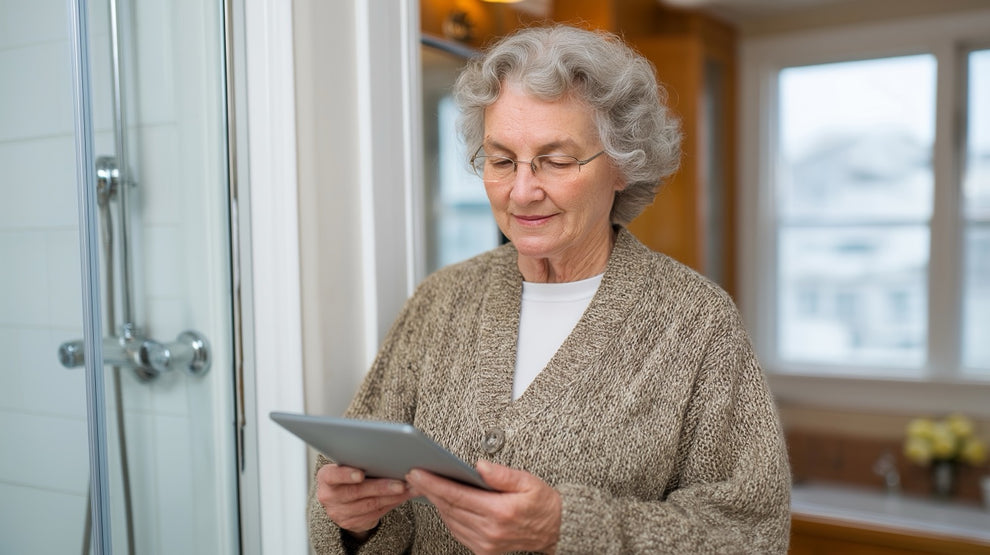 Senior woman using a tablet in a bathroom