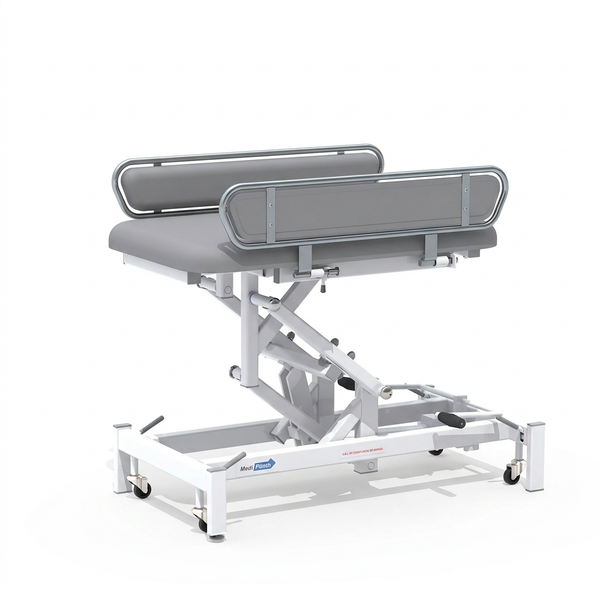 Medi-Plinth hydraulic changing table with height adjustment, wipe-clean upholstery, side rails and casters, side view.