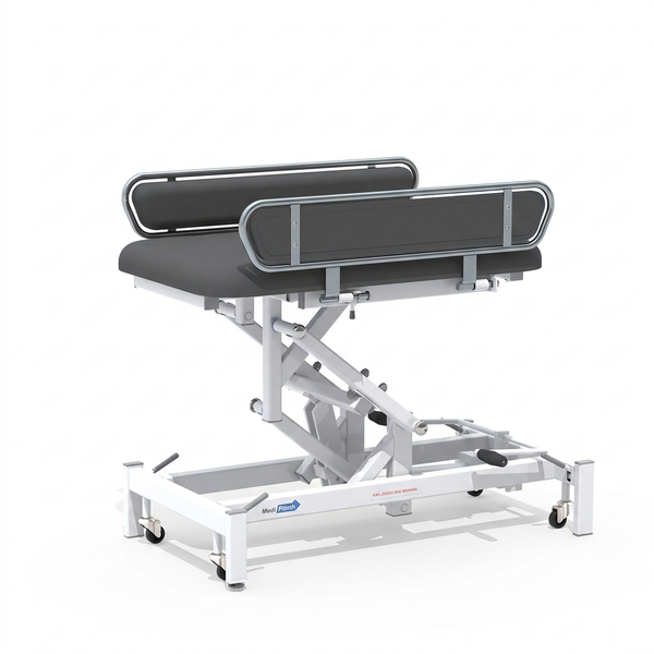 Medi-Plinth hydraulic changing table, MRSA-resistant with cushioned surface, side rails, white frame on wheels, side view.