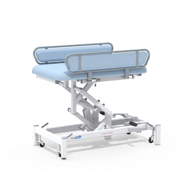 Medi-Plinth hydraulic changing table with MRSA-resistant upholstery, metal rails and wheeled white frame, side view.