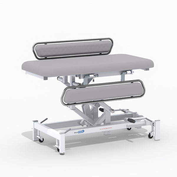 Medi-Plinth hydraulic changing table with MRSA-resistant upholstery, side rails and wheels, side view.