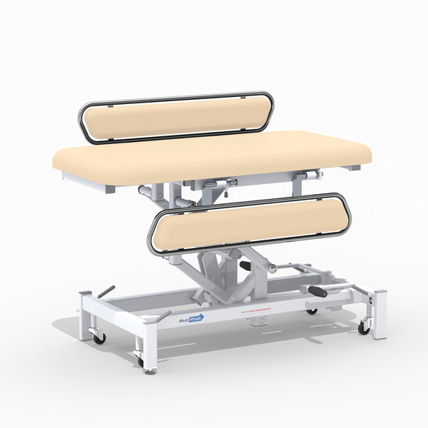 Medi-Plinth hydraulic changing table with MRSA-resistant upholstery, side rails, wheels and metal frame, side view.