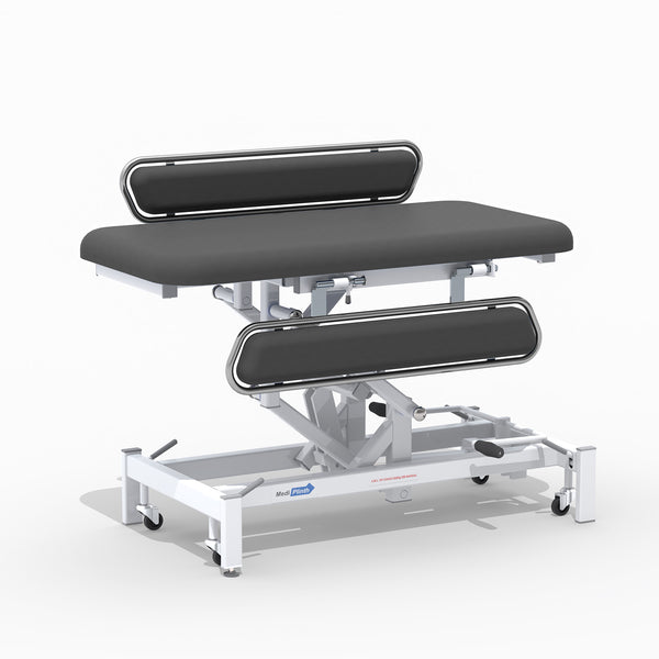Medi-Plinth Hydraulic Changing Table with MRSA-resistant metal frame, black cushions and wheels, side view.