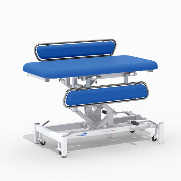 Medi-Plinth hydraulic changing table with MRSA-resistant cushions, metal frame and wheeled base, side view.