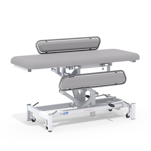 Medi-Plinth Hydraulic Changing Table with MRSA-resistant padding, side rails and wheels, height-adjustable, front view.