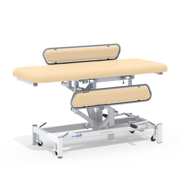 Medi-Plinth hydraulic changing table with MRSA-resistant upholstery, metal frame, wheels and safety rails, side view.