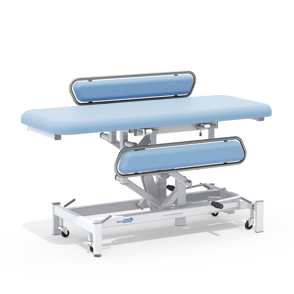 Medi-Plinth hydraulic changing table with MRSA-resistant upholstery, cushioned top and wheeled base, side view.