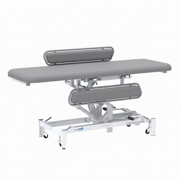 Medi-Plinth hydraulic changing table with MRSA-resistant upholstery, metal frame and wheels, side view.