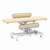 Medi-Plinth hydraulic changing table with MRSA-resistant upholstery, metal frame and side rails, side view.