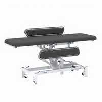 Medi-Plinth hydraulic changing table with MRSA-resistant upholstery, side rails, wheels and metal frame, side view.