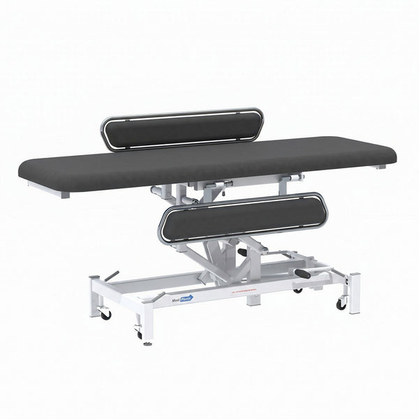 Medi-Plinth hydraulic changing table with MRSA-resistant upholstery, side rails, wheels and metal frame, side view.
