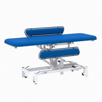 Medi-Plinth Hydraulic Changing Table with MRSA-resistant upholstery, metal side rails and adjustable height, side view.