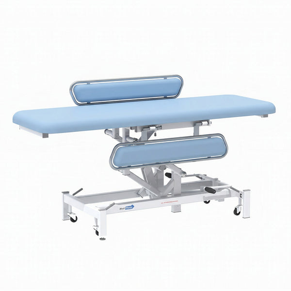 Medi-Plinth hydraulic changing table with metal frame, MRSA-resistant padding, side safety rails and wheels, side view.