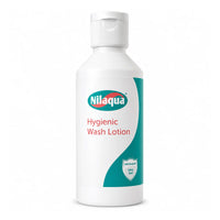 Nilaqua Hygienic Wash Lotion antibacterial body wash for sensitive skin in a bottle with teal label and white cap, front view.