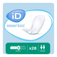 Ontex iD Essential Light Super Inserts size 6, pack of 28 pads with odour control and pad illustration, front view.