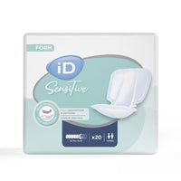 Ontex iD Sensitive Form Extra Plus shaped pads pack of 20 with fast absorption feature, front view.