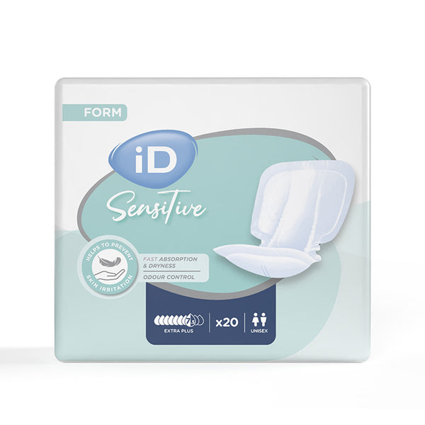 Ontex iD Sensitive Form Extra Plus shaped pads pack of 20 with fast absorption feature, front view.
